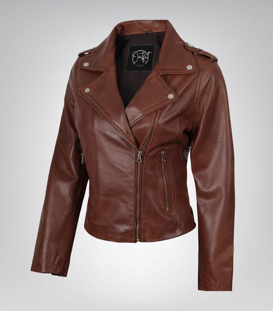 Women’s Distressed Moto-Style Leather Jacket in Cognac