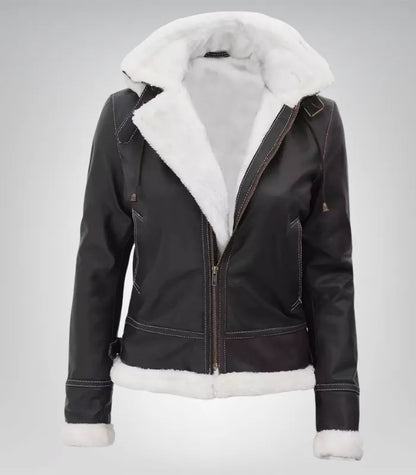 Women’s Mary B3 Dark Brown Shearling Leather Jacket with Removable Hood
