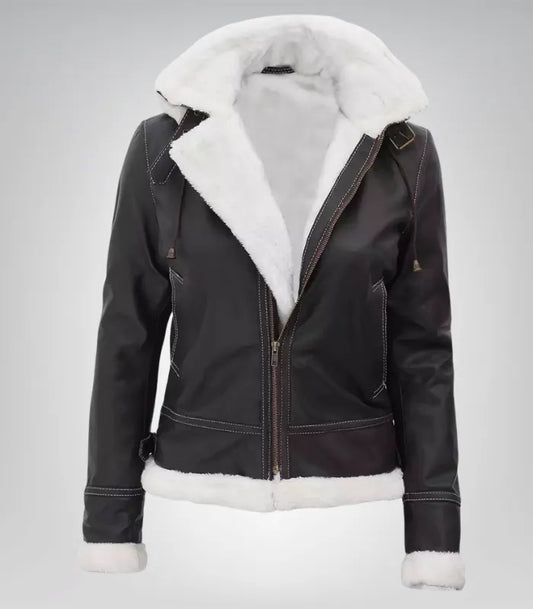 Women’s Mary B3 Dark Brown Shearling Leather Jacket with Removable Hood