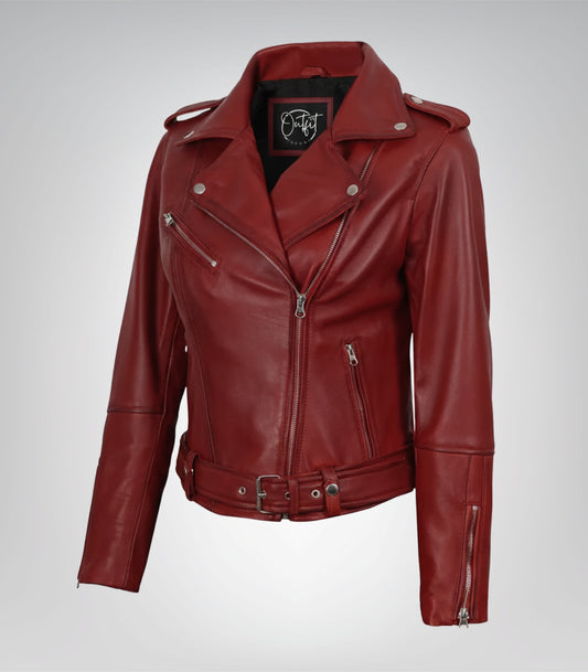 Belted women’s leather motorcycle jacket in premium real leather