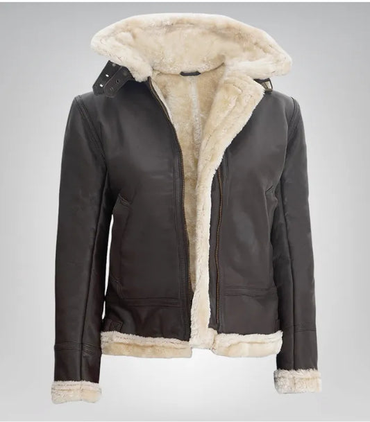 Women’s dark brown hooded shearling leather jacket made from genuine lambskin