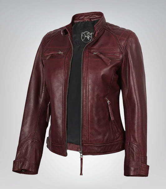 Women’s Burgundy Genuine Lambskin Moto-Style Leather Jacket