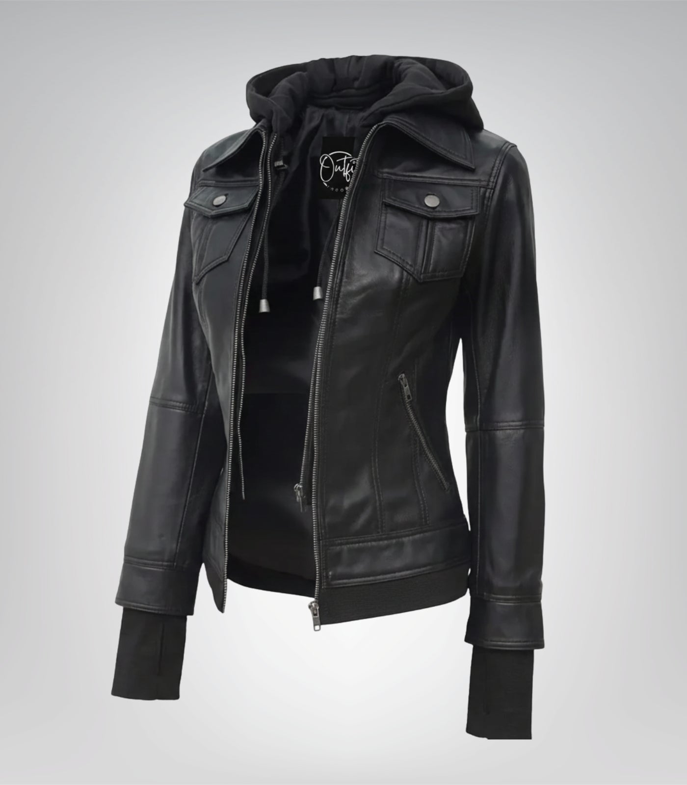 Céleste women’s black bomber leather jacket with detachable hood