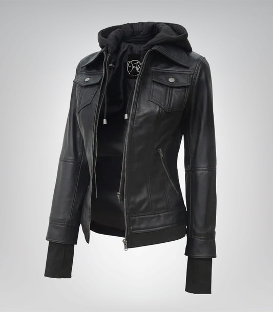Céleste women’s black bomber leather jacket with detachable hood