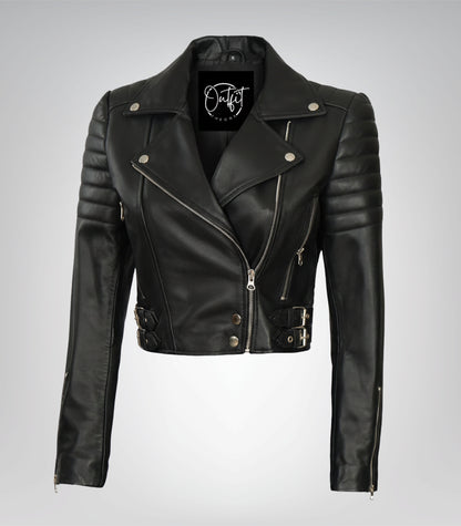 Women’s Black Cropped Moto Jacket with Asymmetrical Front