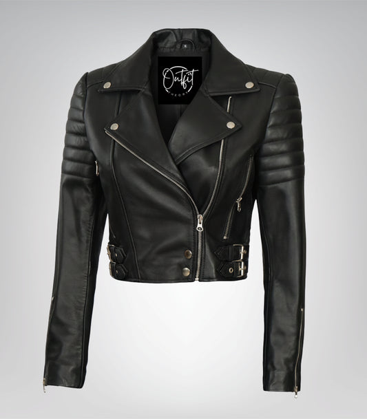 Women’s Black Cropped Moto Jacket with Asymmetrical Front