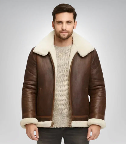 Premium Alex shearling aviator jacket – brown sheepskin leather style