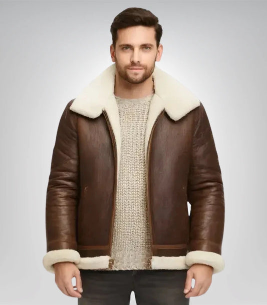 Premium Alex shearling aviator jacket – brown sheepskin leather style