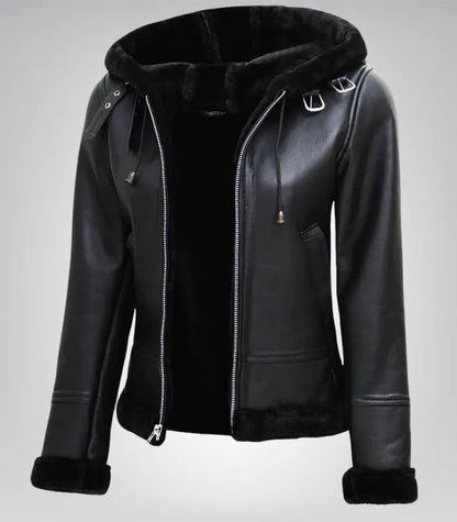 Women’s Black Hooded Shearling Leather Jacket – Aviator Winter Style