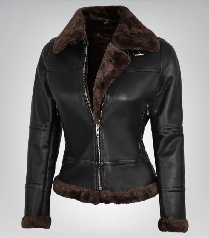 Alt Text: Stylish women’s dark brown shearling leather bomber jacket in classic B3 design