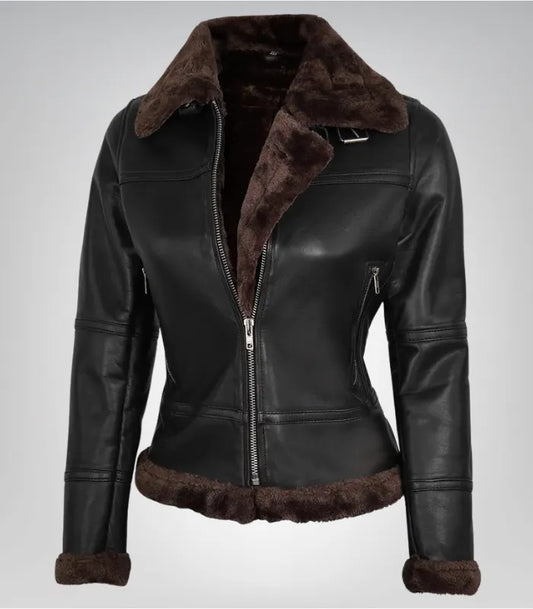 Alt Text: Stylish women’s dark brown shearling leather bomber jacket in classic B3 design