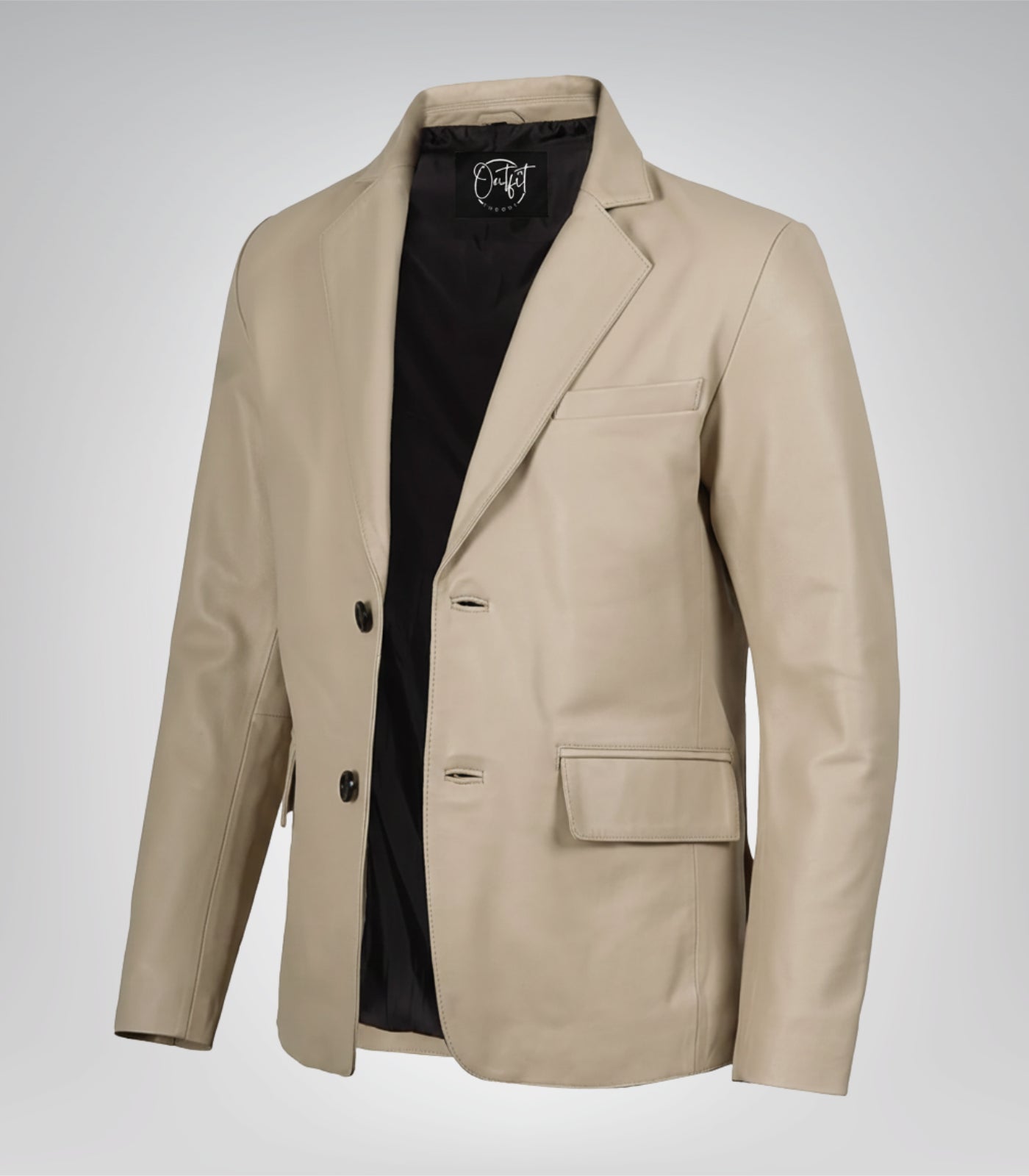 Men’s beige leather blazer with two-button closure and notch lapel