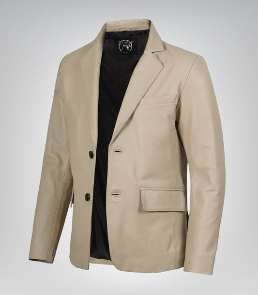 Men’s beige leather blazer with two-button closure and notch lapel