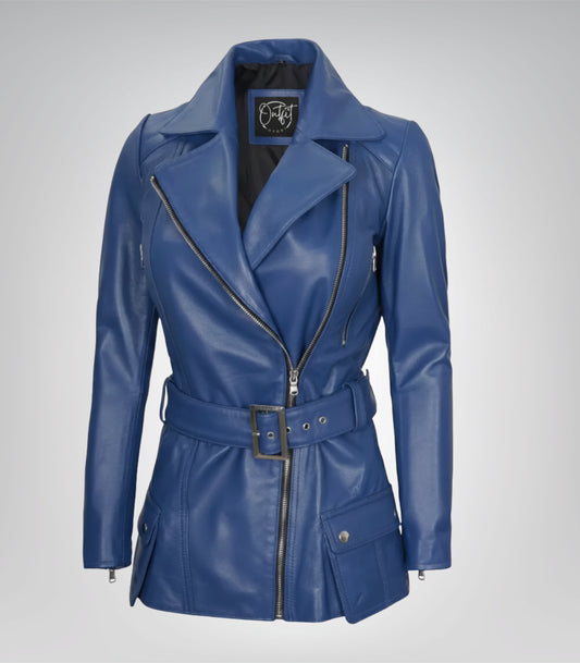 Women’s Blue Leather Biker Jacket with Asymmetrical Front and Belt
