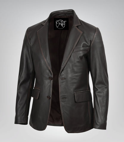 Men’s distressed brown leather blazer with classic two-button closure