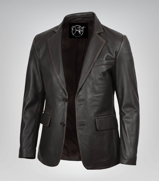 Men’s distressed brown leather blazer with classic two-button closure