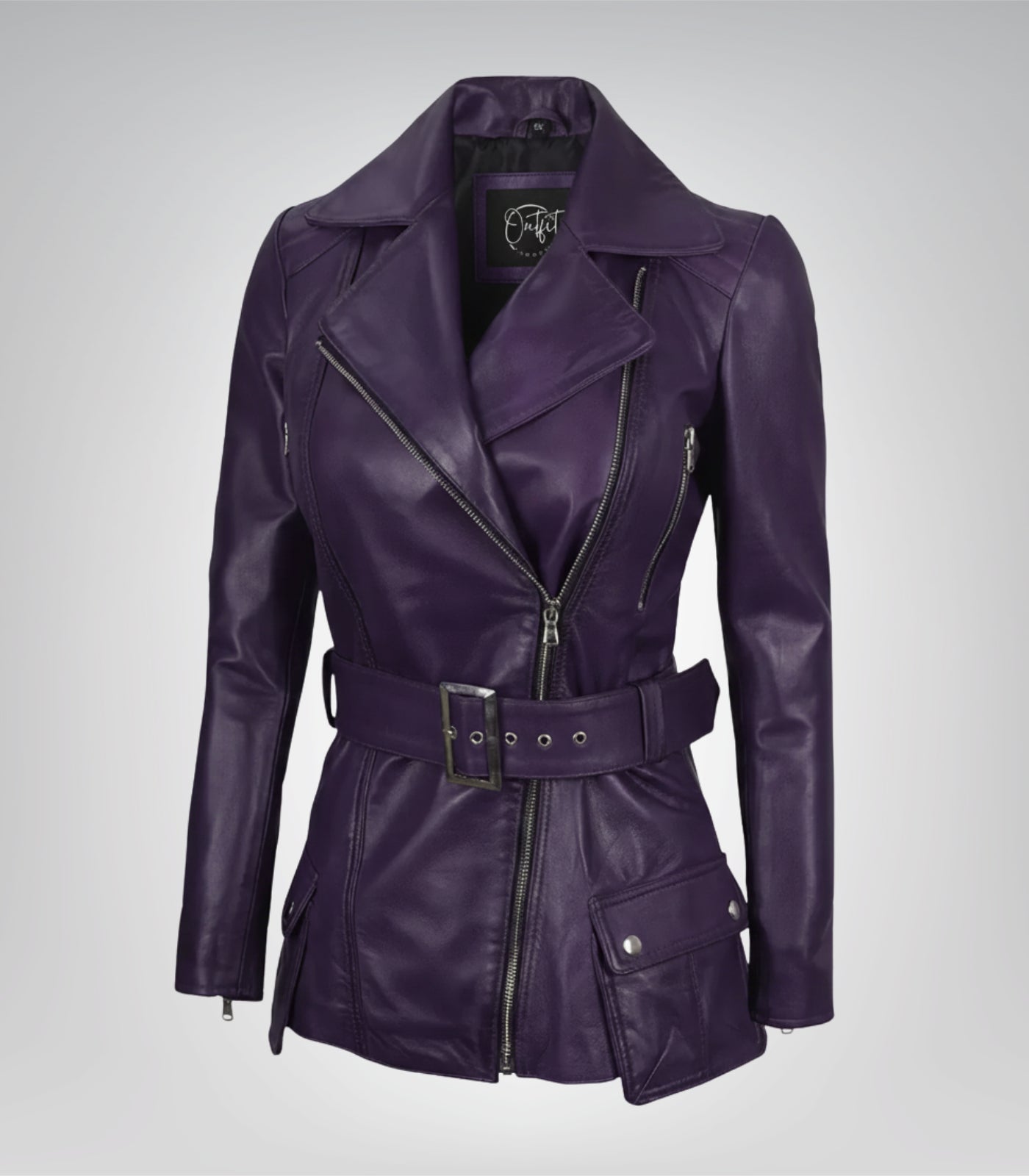 Women’s Purple Real Leather Biker Jacket with Belted Waist