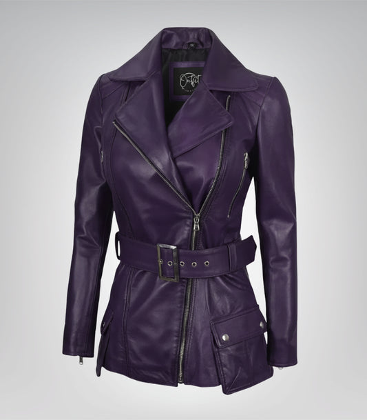 Women’s Purple Real Leather Biker Jacket with Belted Waist