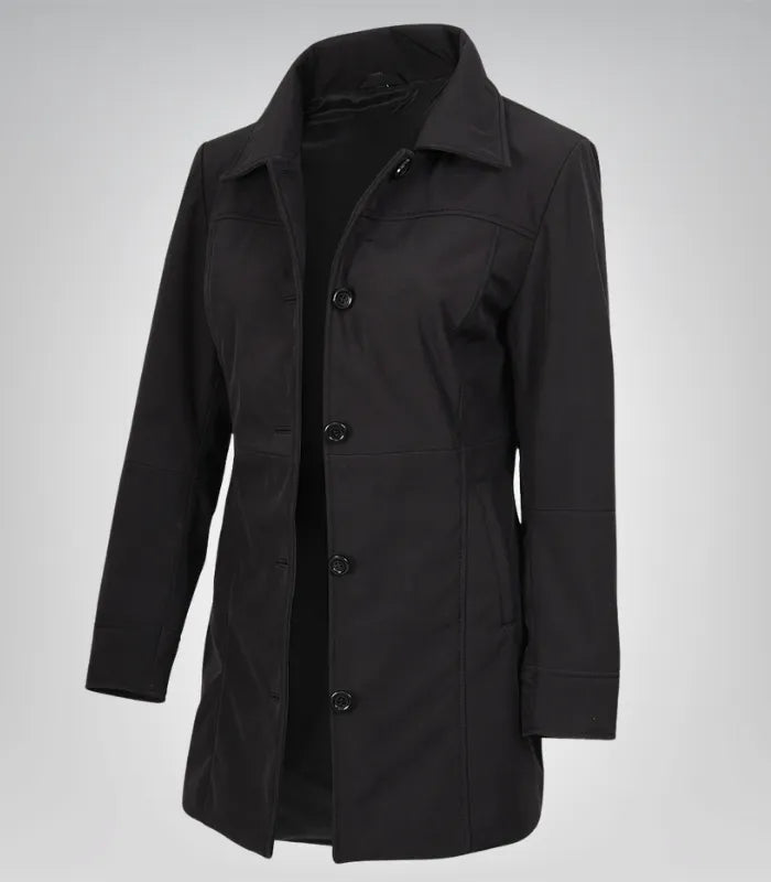 Alt Text: Modern women’s lightweight car coat in black with 3/4 length fit