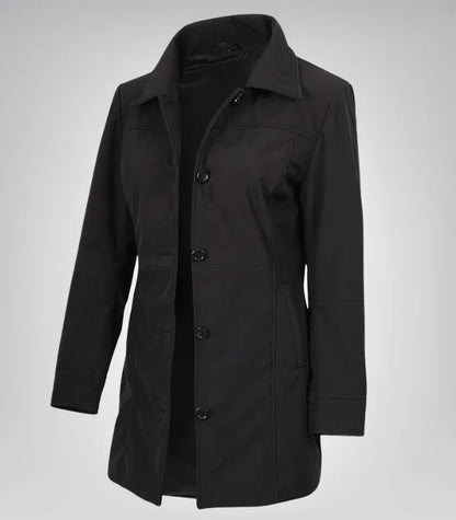 Alt Text: Modern women’s lightweight car coat in black with 3/4 length fit