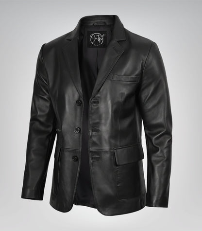 Men’s black leather blazer with three-button closure and traditional notch lapel