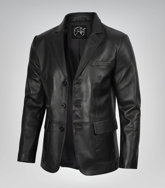 Men’s black leather blazer with three-button closure and traditional notch lapel