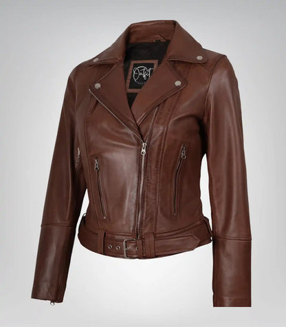 Women’s cognac leather moto jacket with asymmetrical front and waist belt