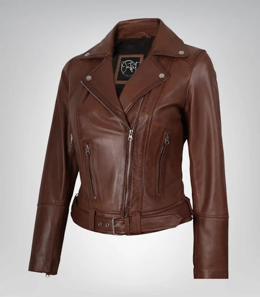 Women’s cognac leather moto jacket with asymmetrical front and waist belt