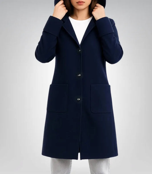 Alt Text: Elegant navy blue wool coat for women with hood, perfect for winter