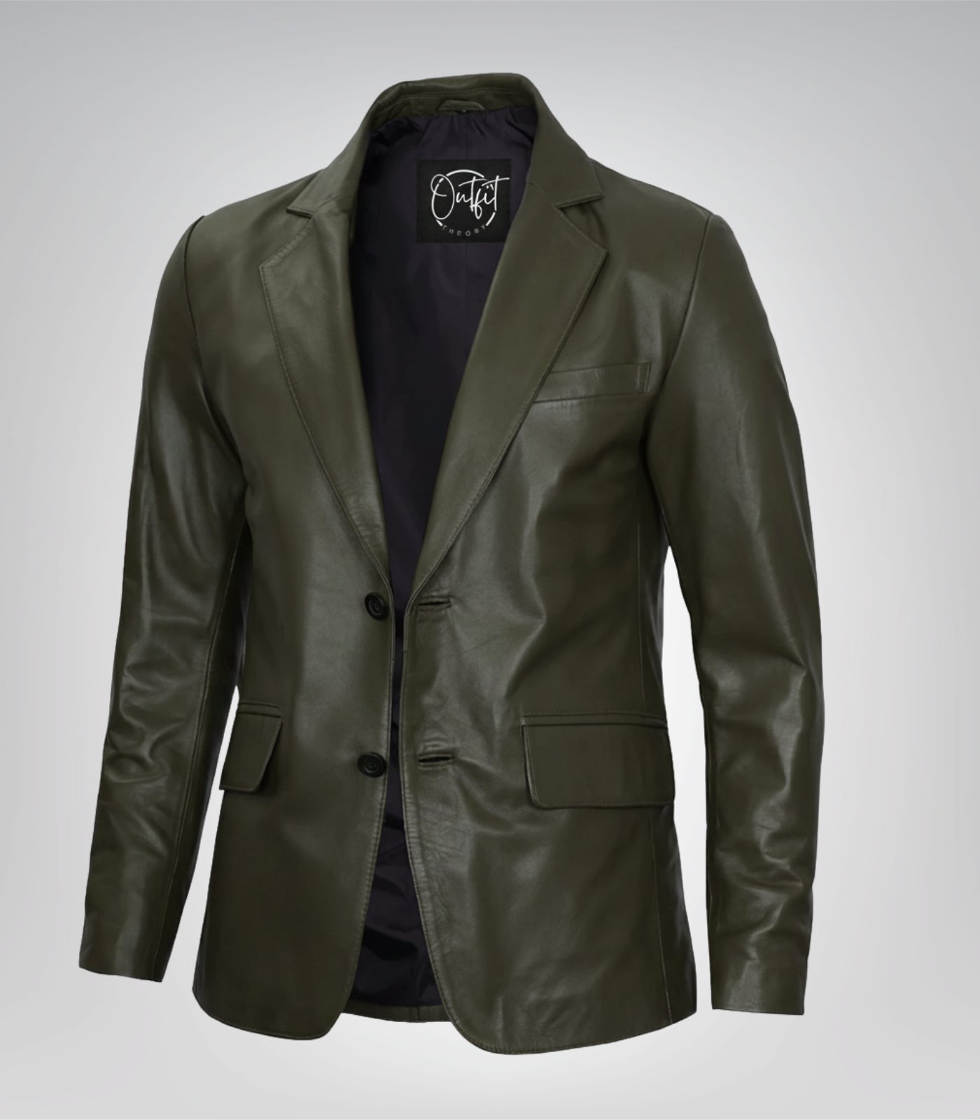 Men’s olive green leather blazer jacket with two-button closure