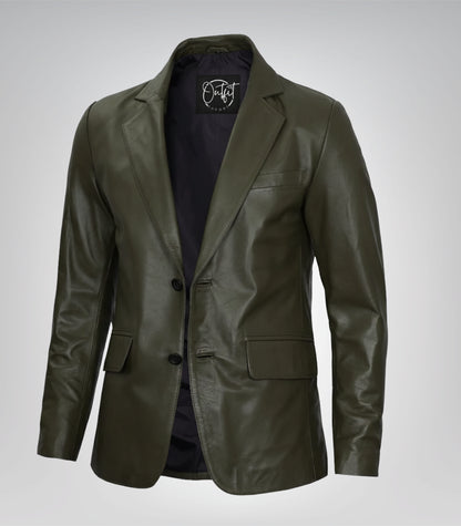 Men’s olive green leather blazer jacket with two-button closure