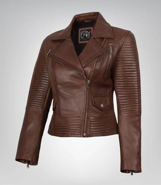 Women’s cognac leather asymmetrical moto jacket