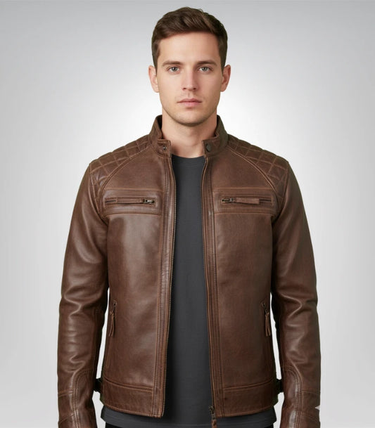 Mens Quilted Shoulder Coffee Brown Biker Leather Jacket