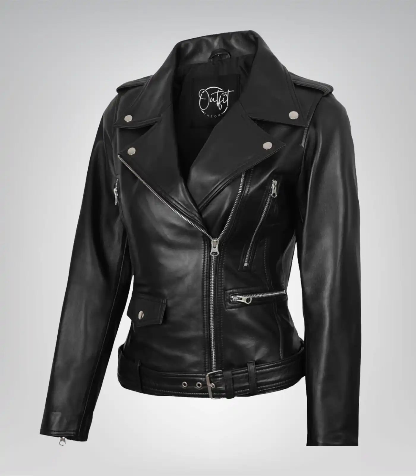 Marcella women’s black leather moto jacket with asymmetrical design