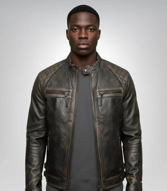 Mens Cafe Racer Retro Motorcycle Leather Jacket