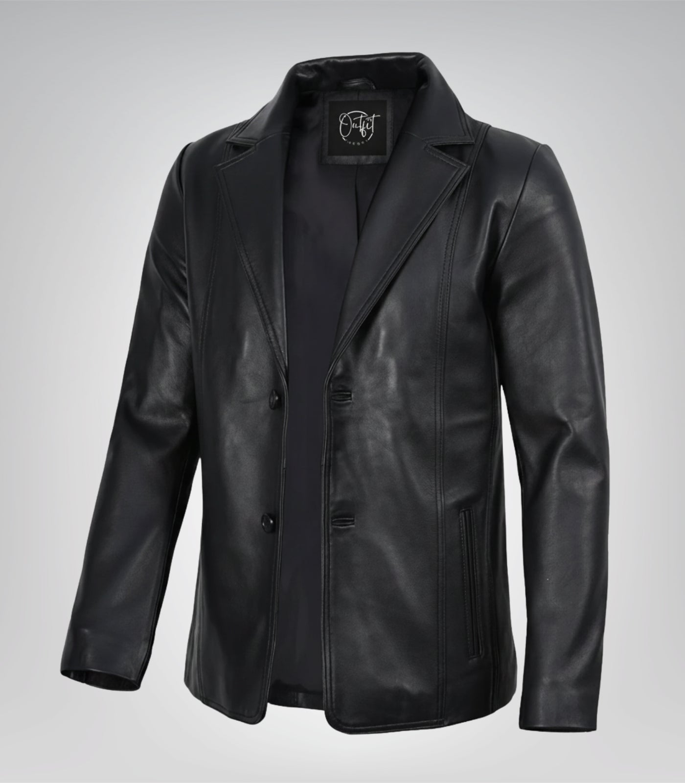 Men’s black leather blazer with two-button closure and notch lapel