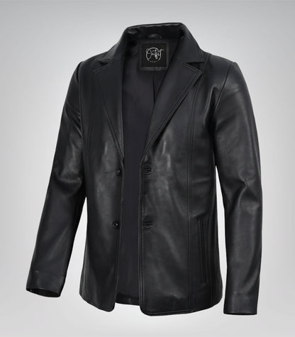 Men’s black leather blazer with two-button closure and notch lapel