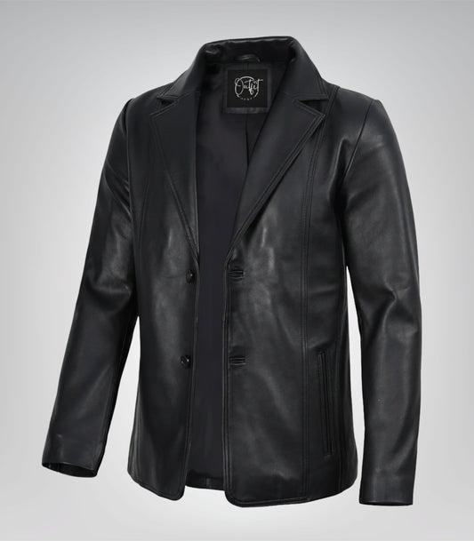 Men’s black leather blazer with two-button closure and notch lapel