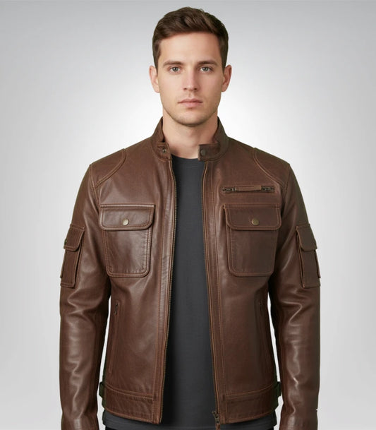 Men's waxed leather biker jacket – brown motorcycle coat