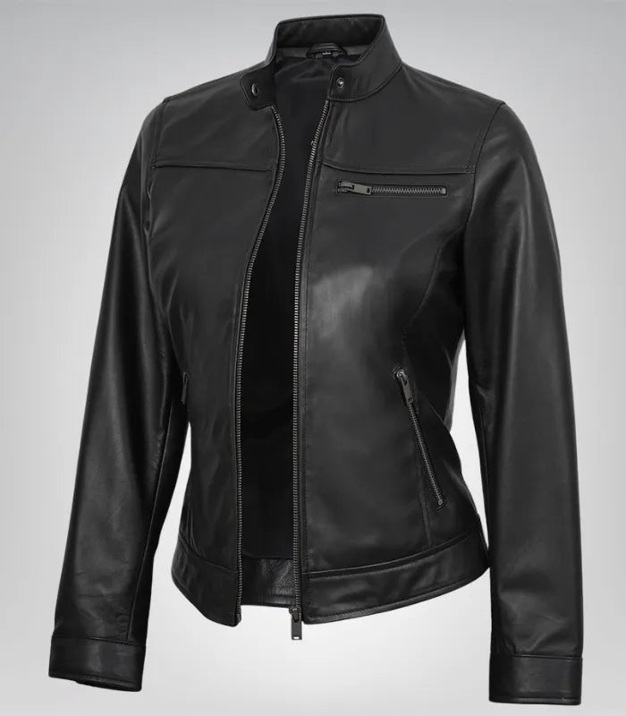 Women’s Black Lambskin Biker Leather Jacket – Tailored Moto Style