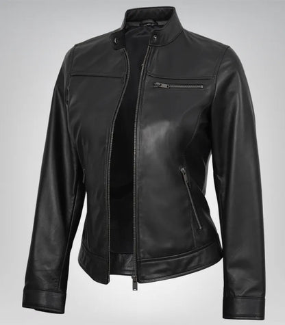 Women’s Black Lambskin Biker Leather Jacket – Tailored Moto Style