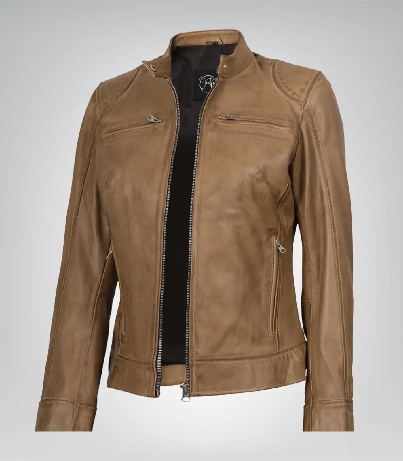 Women’s genuine camel leather motorcycle jacket