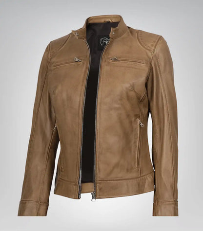 Women’s genuine camel leather motorcycle jacket