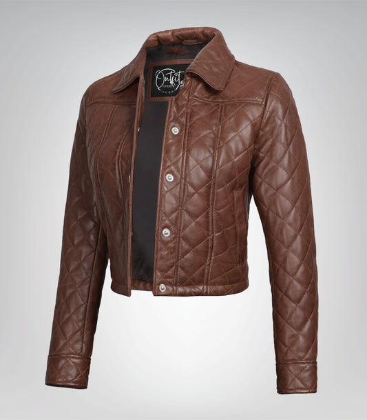 Women’s premium cognac quilted leather cropped jacket
