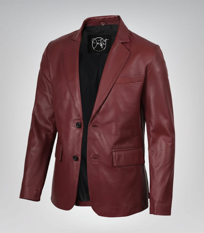 Men’s maroon leather blazer with two-button closure