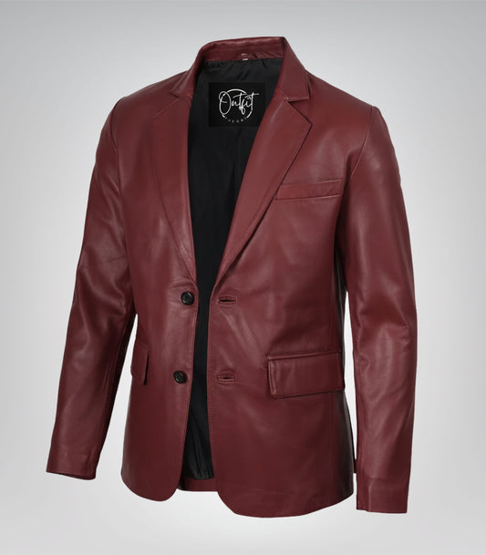 Men’s maroon leather blazer with two-button closure
