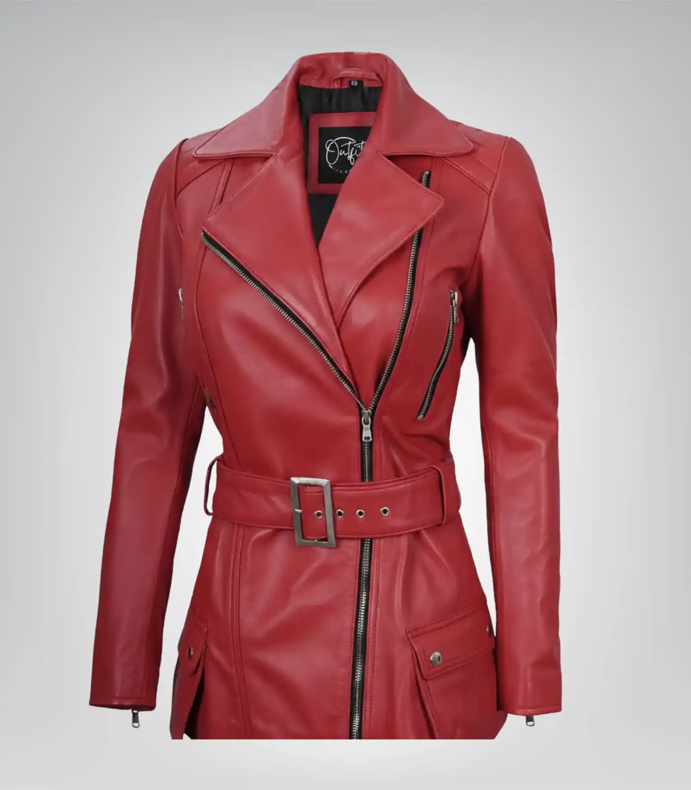 Women’s red genuine leather moto jacket with belt detail