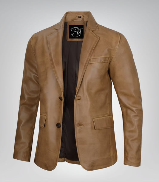 Men’s camel brown leather blazer jacket with two-button closure