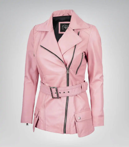Women’s pink belted long motorcycle-style leather jacket