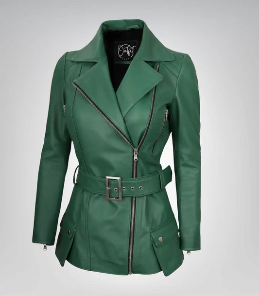 Women’s green belted motorcycle-style leather jacket